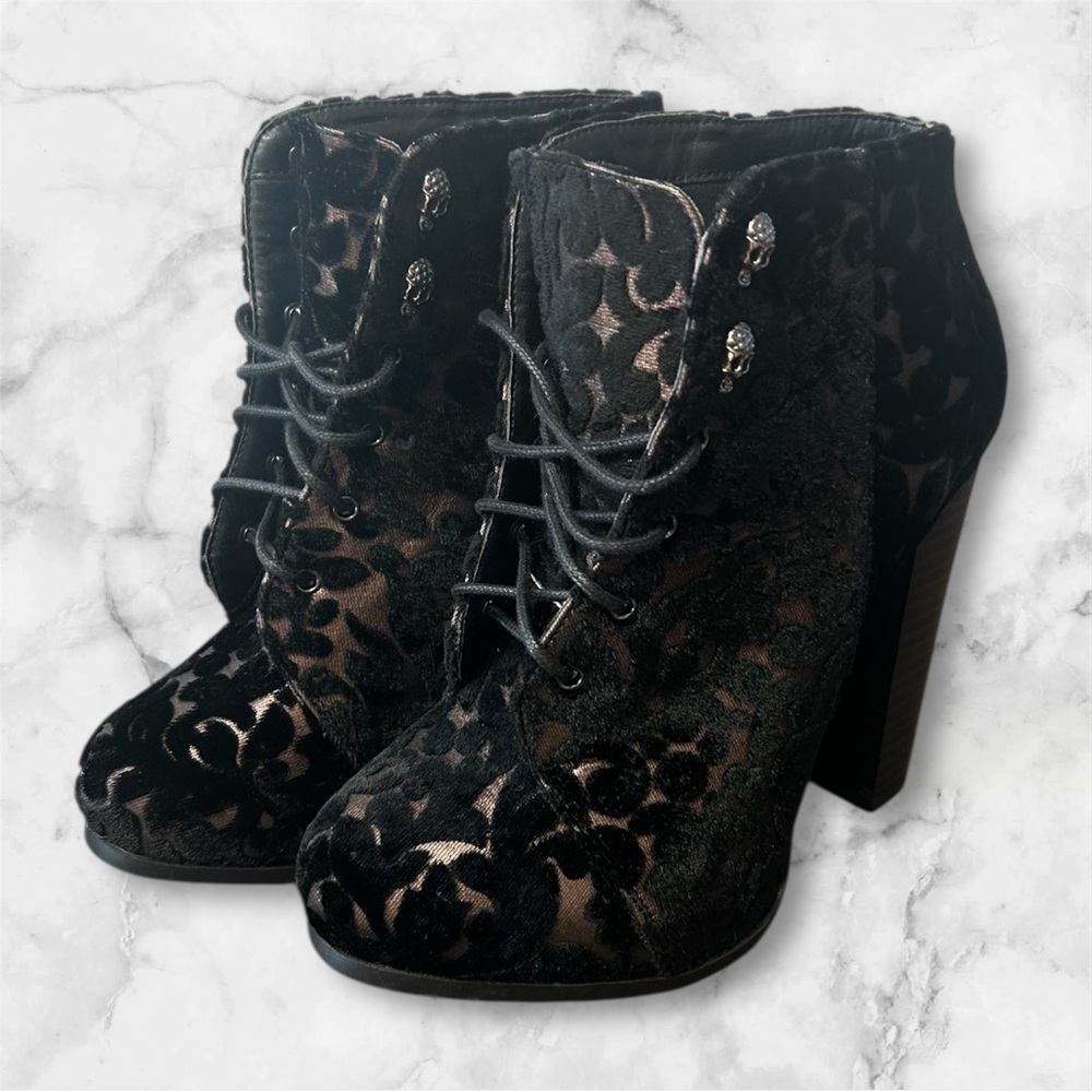 Call It Spring Black Floral Lace Up Boots with Skull Accents